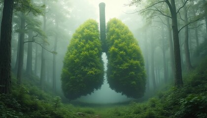 AI-generated image of forest in the shape of a lung. Trees form a vital organ, healthy environment. Concept of green lungs, clean air, eco-friendly living, earth protection.