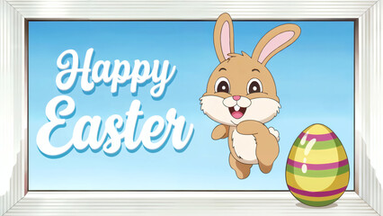 Cheerful cartoon rabbit dancing beside striped Easter egg in elegant white frame with festive holiday greeting: Happy Easter