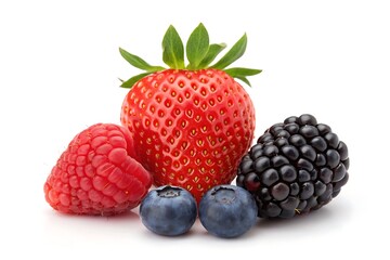 Fresh mixed berries isolated on white background: strawberry, raspberry, blackberry, and blueberries