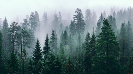A misty forest scene after rain, captured as a landscape photograph with a clean, white backdrop.  