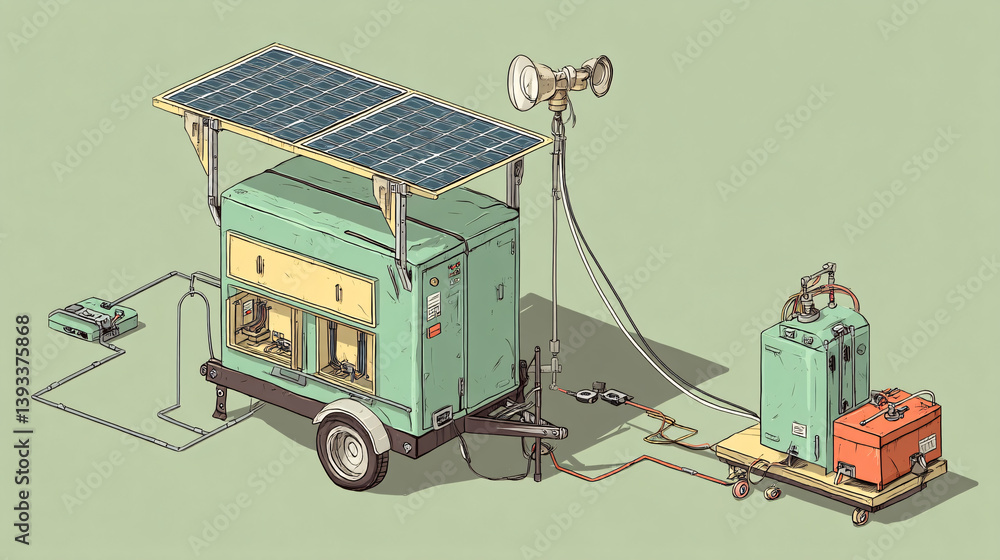 Poster a mobile, solar-powered device providing electricity with various connection options, ideal for use 