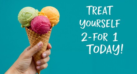 2-for-1 Ice Cream Cone Offer with Colorful Scoops in Waffle Cone – Ideal for Summer Cafe Promotions, Dessert Shop Ads, Loyalty Programs, and Social Media Marketing Campaigns