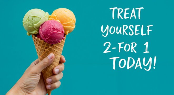 2-for-1 Ice Cream Cone Offer with Colorful Scoops in Waffle Cone – Ideal for Summer Cafe Promotions, Dessert Shop Ads, Loyalty Programs, and Social Media Marketing Campaigns - Powered by Adobe