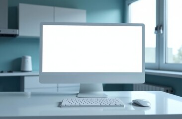 Modern office desk with computer, keyboard, and mouse in bright workspace