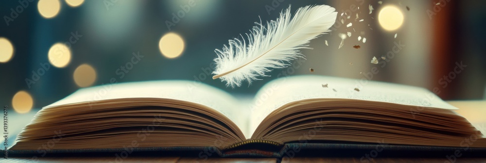 Poster Feather gently falling onto an open storybook, creating a whimsical and dreamy atmosphere in a cozy setting