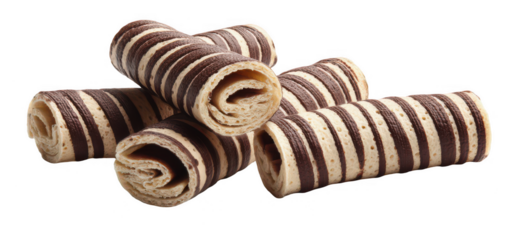 A set of striped chocolate wafer rolls isolated on a white background, png