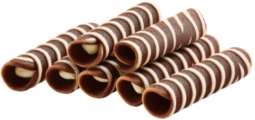 A set of striped chocolate wafer rolls isolated on a white background, png