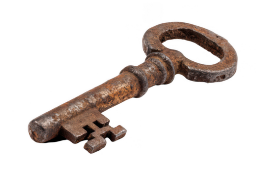 An old, rusty key isolated on a white background, png