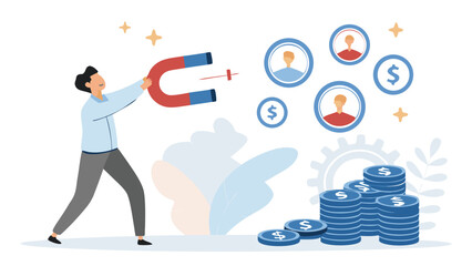 Man Attracting Leads With Magnet Converting Into Money Business And Marketing Concept