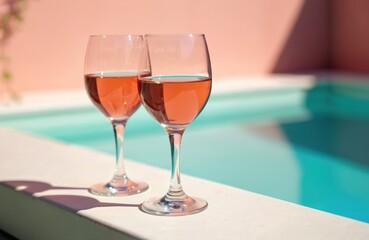 Two glasses of wine at pool edge with soft pink background. Refreshing rose wine. Ideal for travel, celebration, romance, party, date, summer, lunch, picnic. Romantic date on sunny holiday at luxury