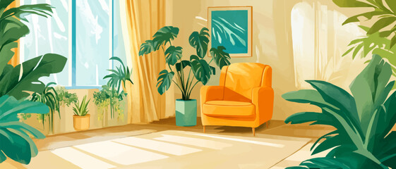 Cozy minimalist living room with comfortable armchair and indoor plants.