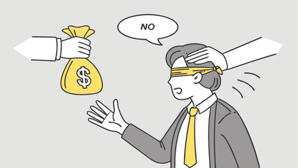 Blindfolded Businessman Refuses Money Ignoring Ethical Bribe Concept Illustration