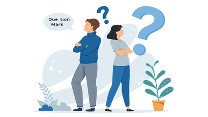 Confused People Standing Back To Back With Question Marks Surrounded By Plants