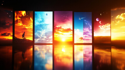 Artistic Sunset Panorama: A captivating collection of vibrant panels showcases the sun's artistic interplay with the sky and water, creating a colorful and dreamlike panorama. 