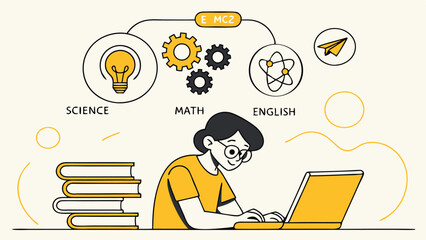 Student Learning Online With Laptop Studying Science Math And English Courses Illustration