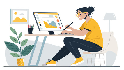 Female Graphic Designer Working At Desk Flat Vector Illustration Concept