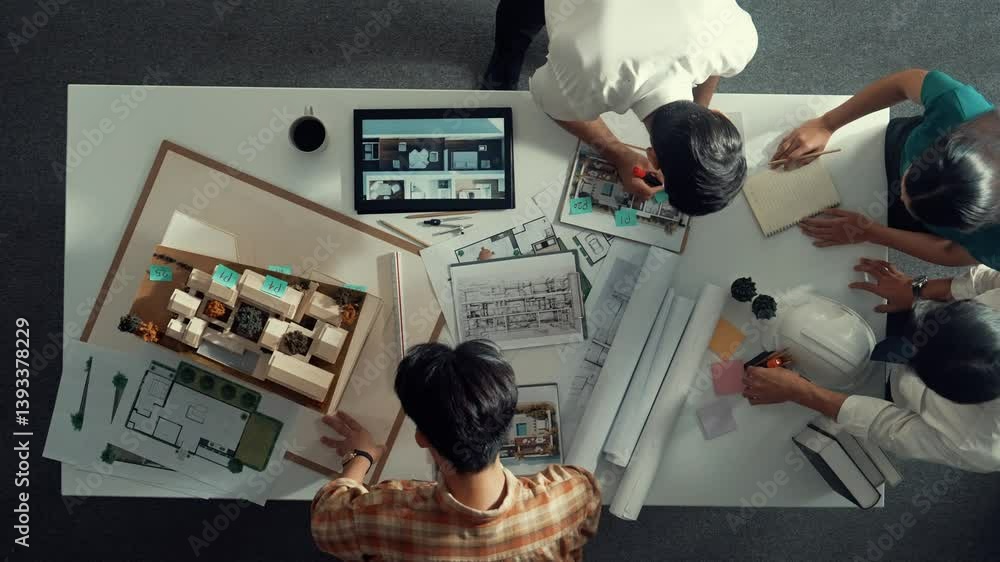 Aufkleber top down aerial view of architect engineer team writing sticky notes and sticking note at house mode