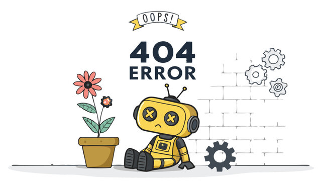 Cartoon Robot Sitting Beside A Flower Displaying A 404 Error Message