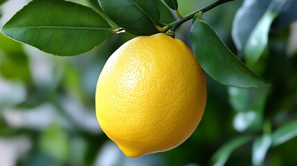 A fresh lemon on a tree branch, bathed in soft lighting with high-definition leaf details and subtle shadows, ultra-realistic, isolated on solid white background.