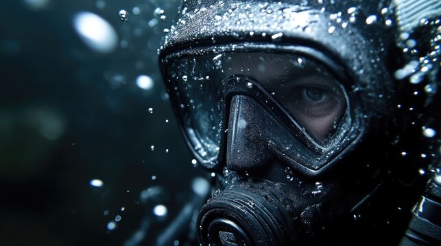 Close-up of diver's underwater mask.  Water droplets and bubbles surround the mask, creating a dramatic scene