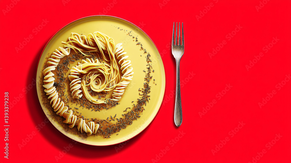 Poster a pasta dish is visually striking because the sauce is arranged on the plate in the shape of a fibon