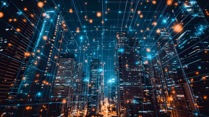 Obraz premium Futuristic city network, connections in urban area, night view, possible use in tech presentations