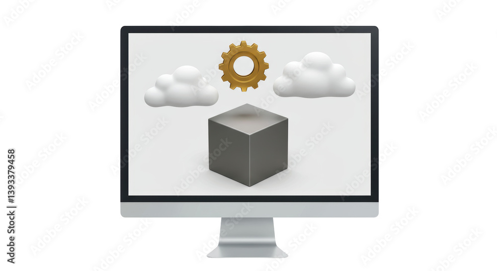 Poster isolated computer screen depicting cloud computing and gear symbol
