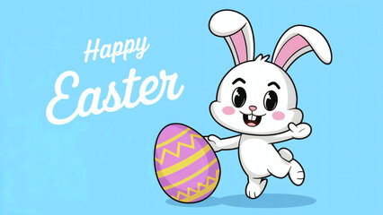 Adorable white bunny holding decorated Easter egg with zigzag pattern on bright blue background with holiday greeting