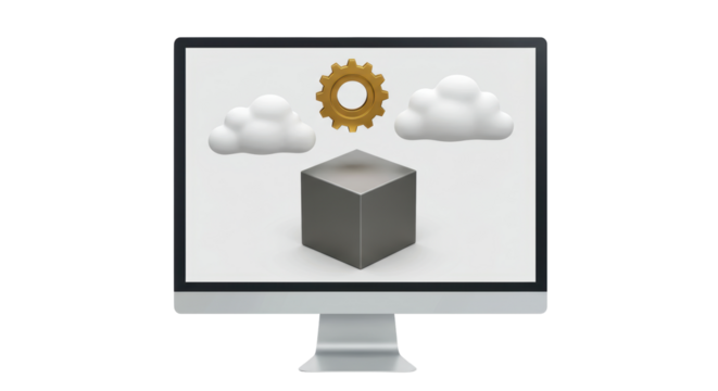 Isolated Computer Screen Depicting Cloud Computing and Gear Symbol