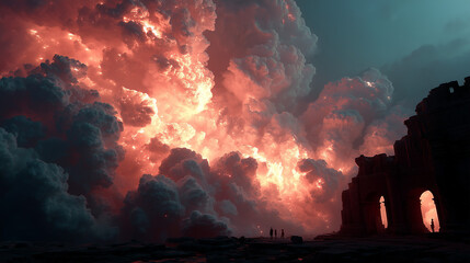 Fototapeta premium feuer, explosion, feuersturm, gebäude, abendrot, himmel, cloud, sonne, cloud, orange, natur, rot, landschaft, sonnenaufgang, feuer, abenddämmerung, abend, storm, schön, licht, blau, farbe, dark, sonne