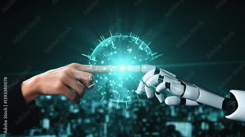 Poster futuristic robot artificial intelligence enlightening ai technology development and machine learning