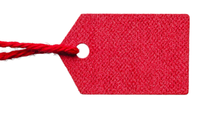 Red price tag with string on black background, cut out transparent