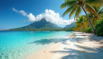 Idyllic beach Bora Bora, French Polynesia. Turquoise lagoon water, white sand, palm trees, mountain in the background. Summer vacation, travel, relax at tropical paradise, holiday at blue ocean coast.