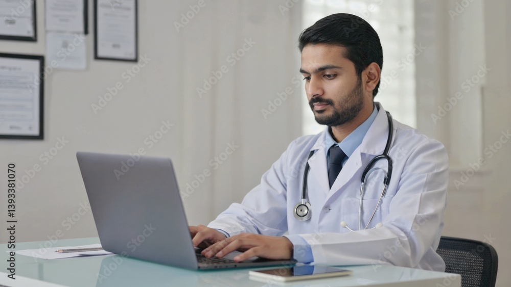 Poster a scientist is focused on his work while using his laptop, possibly working on a research project or