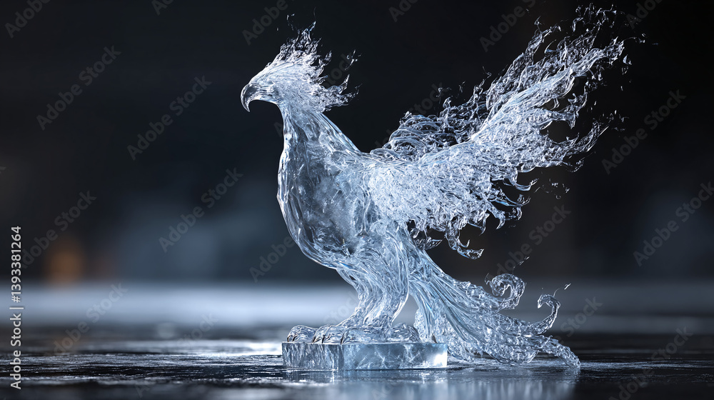 Poster a phoenix sculpted from ice is constantly melting and refreezing, existing in a never-ending cycle o