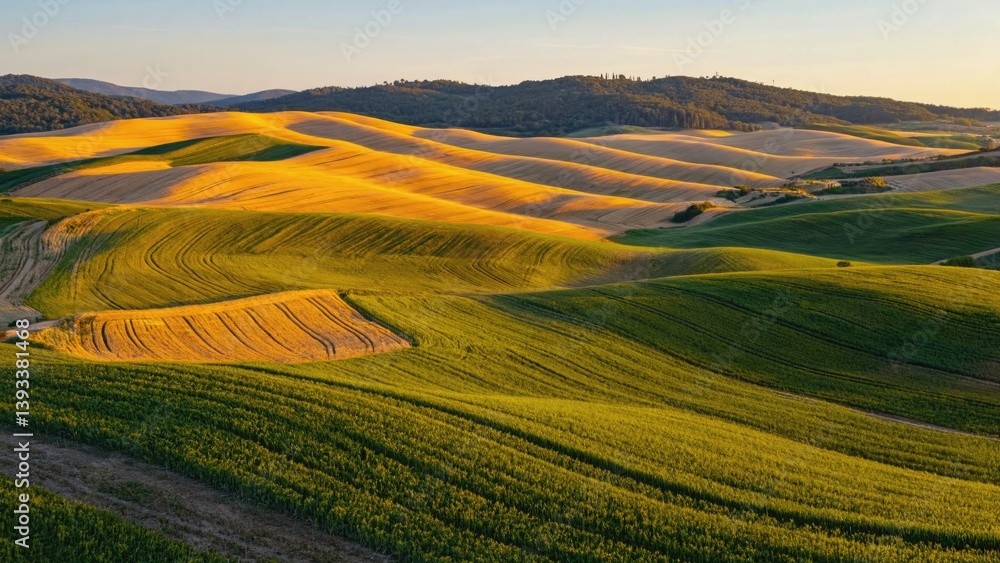 Poster a serene landscape with rolling hills visible from a distance, suitable for use as a background or s