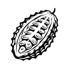 Monochrome Cocoa Pod Illustration, Outlined Seeds, Detailed Husk, Sharp Contrast Art