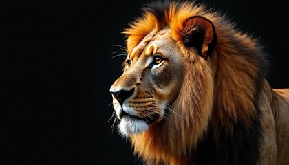 Majestic lion portrait isolated on black background. Detailed close-up of male lion face with flowing mane. Stunning image showcases power, beauty, and wildlife of the African savanna. King of beasts.