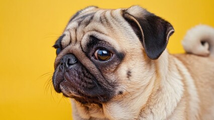 Fototapeta premium A small pug dog standing on a bright yellow surface, perfect for use in pet-themed designs or advertisements