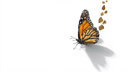 A photograph capturing the moment a perfect monarch butterfly breaks free from its chrysalis, showcasing its transformation against a white backdrop.  