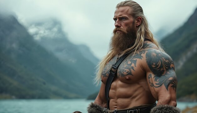 Muscular viking warrior with long blond hair and full beard. Tattooed upper body, strong masculine man looking away. Fantasy, history, norse culture, medieval battle, mythical, hero, strength concept.