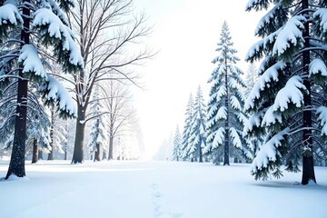 Obraz premium Snowy forest branches isolated on white background, winter, branch, landscape