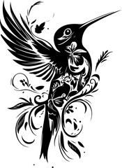 Obraz premium Hummingbird, bird, vector, dove, illustration, tattoo, animal, pigeon, eagle, silhouette, fly, flying, wing, art, peace, nature, symbol, design, birds, feather, wings, freedom, black, sign, drawing, f