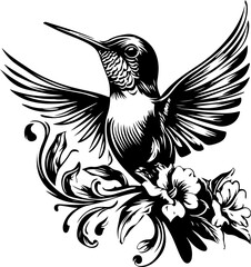 Obraz premium Hummingbird, bird, vector, dove, illustration, tattoo, animal, pigeon, eagle, silhouette, fly, flying, wing, art, peace, nature, symbol, design, birds, feather, wings, freedom, black, sign, drawing, f
