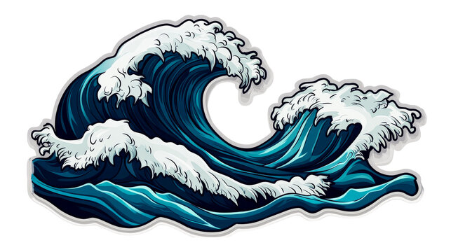 Ocean waves with splashes in cartoon style, hand-drawn, cut out transparent