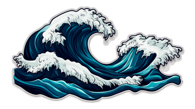 Ocean waves with splashes in cartoon style, hand-drawn, cut out transparent
