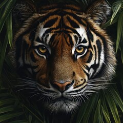 Tiger portrait in jungle foliage