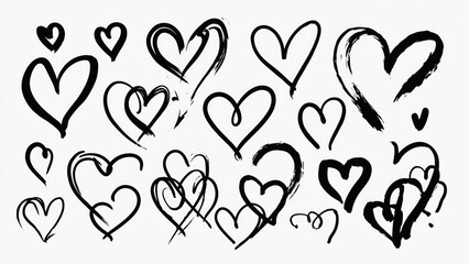 A collection of hearts drawn in black ink, perfect for use in various designs and projects