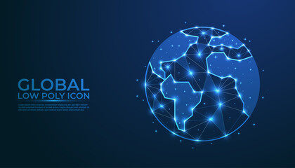 Low Poly Global Icon Background. Word globe icon design with neon lighting color concepts. Neon globe icon