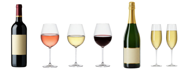 Set of champagne, wine bottle, bottles, blank label and wine glass, champagne glass filled, on transparent background cutout, PNG. Mockup template for artwork graphic design, icon for menu, restaurant